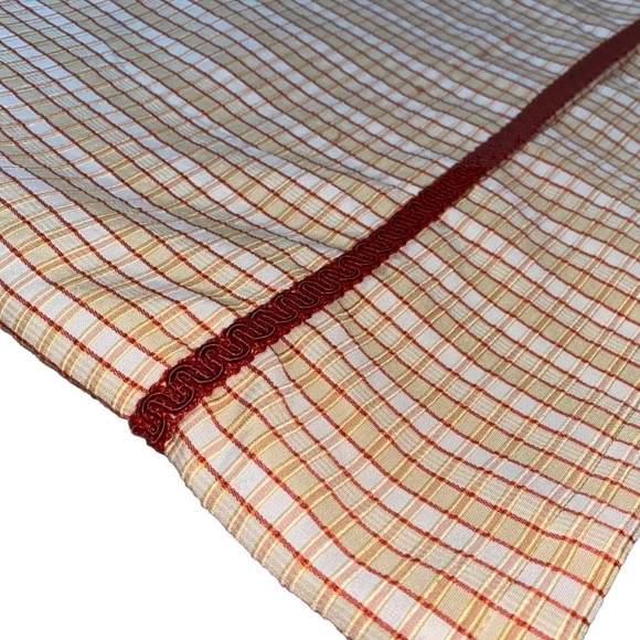 2 Tab Top Cafe Curtains Yellow Red Plaid Panels Drapes Bordered High End Pair - Picture 6 of 7